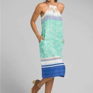 Prana Size M Medium Parisol Midi Dress Striped Blue Sleeveless Sundress Modal